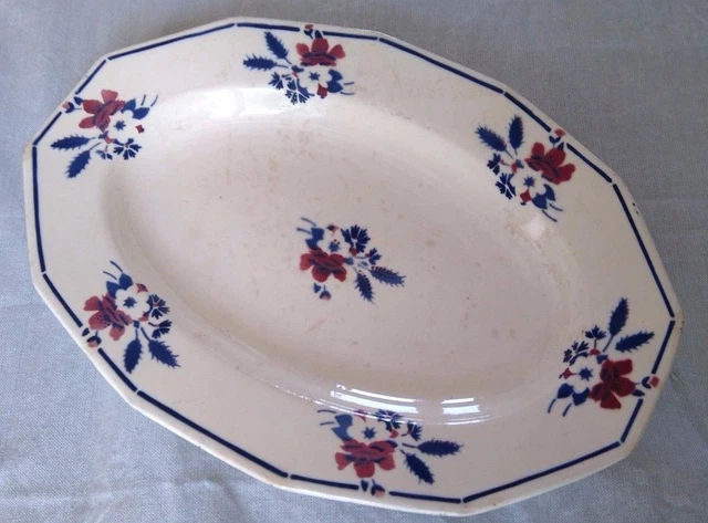 Plat Ovale CERANORD St AMAND, Made In France, F. Décor Lignes Bleu Rouge French Antique
