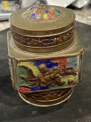 Vantage Chinese Brass enamel  opium snuff jar Trinket Box