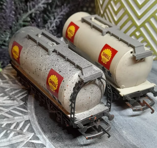 Rake of 2 Hornby OO Gauge Shell Grey Petrol Tanker Tank Wagon Incl Weathered