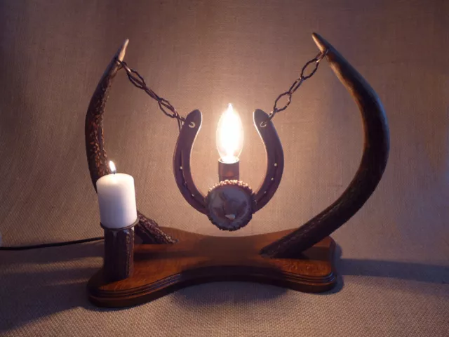 Deer Antler Lamp With Candle Holder And Horseshoe Handmade Very Unique Gift