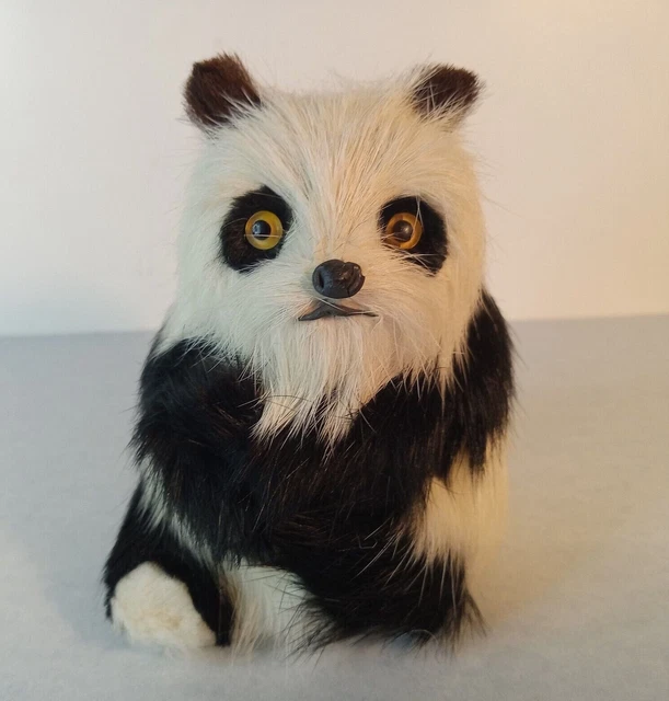 Vintage 4" Real Fur Sitting Panda Bear Figure Figurine Collectible Realistic