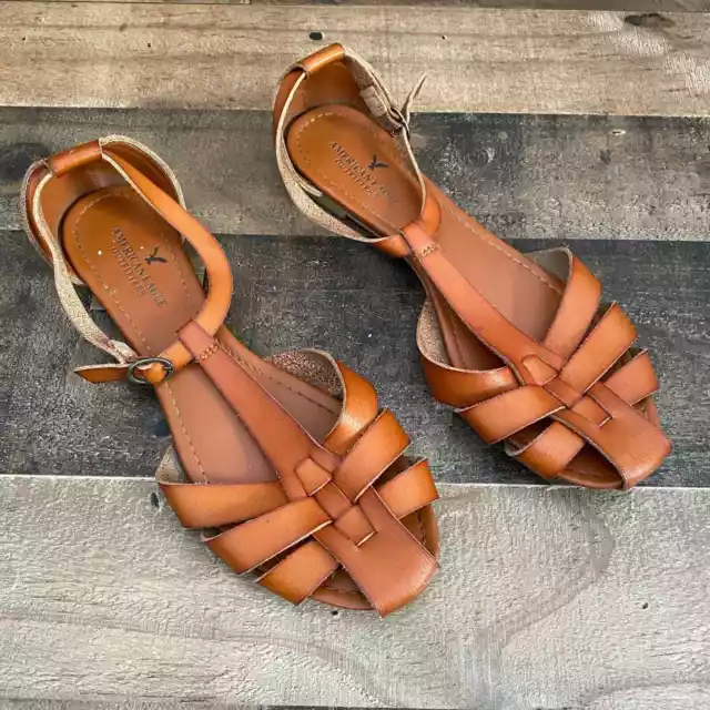 American Eagle Leather Fisherman Sandals Coastal Grandma Flats Size 9 Cognac