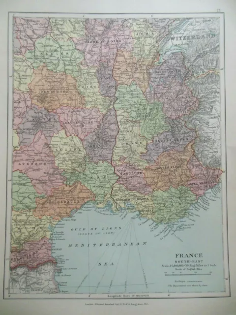 Original Antique Map of South East France (c1920) Europe, Edward  Stanford