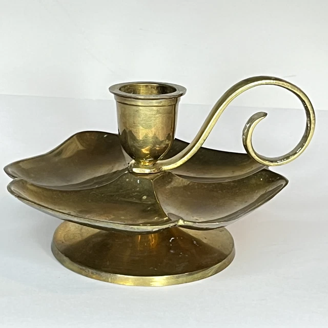 VINTAGE SOLID BRASS Candle Holder Drip Tray Finger Loop Handle Square