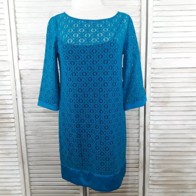 NEW LAUNDRY by SHELLI SEGAL Sz 6 Shift Dress 3/4 Sleeve Lace Overlay 2pcs Blue