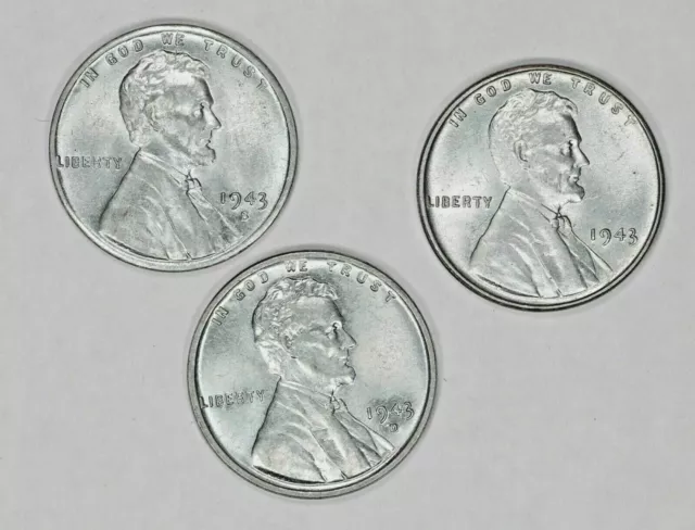 1943 P+D+S Lincoln Steel Wheat  Cent Set-Lot // Choice-Gem BU 3 Coins*FREE SHIP