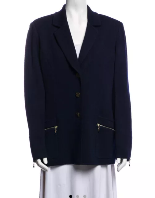 St John Collection Jacket Long Blazer Navy  Santana Knit Zip Pockets Sz 10