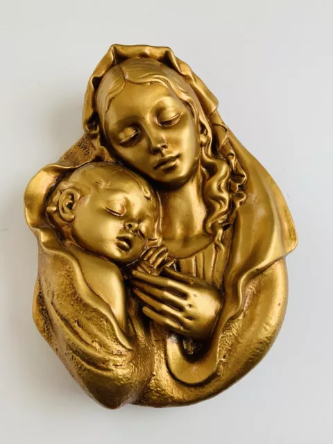 Solid Molding Of Mary Holding Jesus The Madonna/Child Gold Toned And Wall Art