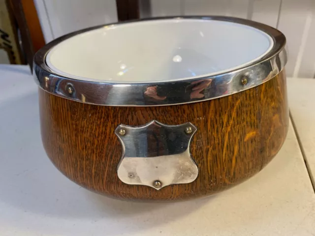 Large Antique Vintage Edwardian English Oak Bowl with Ceramic Line Silver Plate