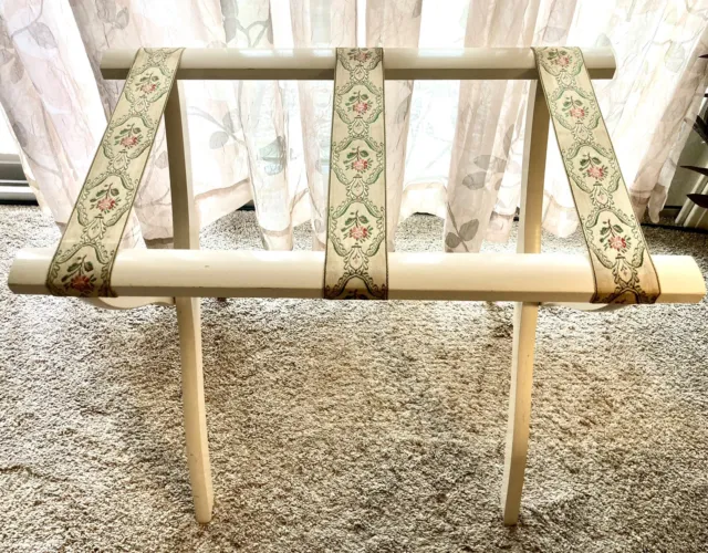 Vintage Scheibe White Wood Luggage Suitcase Folding Rack Stand Floral Boho Chic