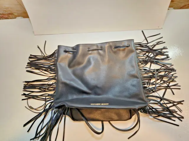 Victoria’s Secret Fringe Drawstring Backpack Faux Leather Black Bag Purse