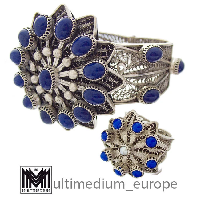 Silber Set um 1946 Armreif Ring Ägypten Armband Lapislazuli filigran Handarbeit