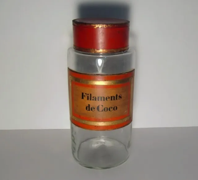 Antique French Apothecary Jar Store Display FILAMENTS DE COCO Glass with Tin Top