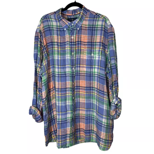 Polo Ralph Lauren Men's 100% Linen Plaid Multi Color Button Down Shirt Size XXL