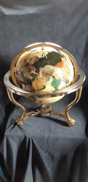 Mother of Pearl & Gemstones World Globe with brass stand and compass Heavy