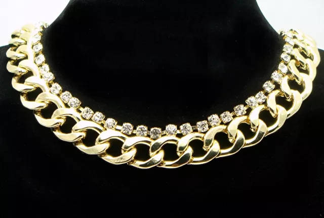 Gold Plt Chunky Retro Curb Chain Pimp Gangster Wag Necklace W/ Swarovski Crystal