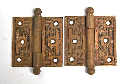 2 Vintage Brass Finish Eastlake Style Hinges Cannon Ball Top Pin  2 1/2  X 2 1/2