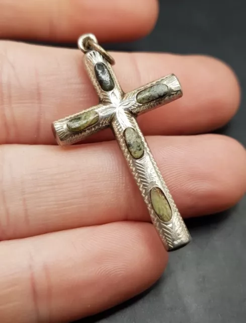 Late 19th Century Ornate Victorian Silver Moss Agate Cross Pendant - Antique