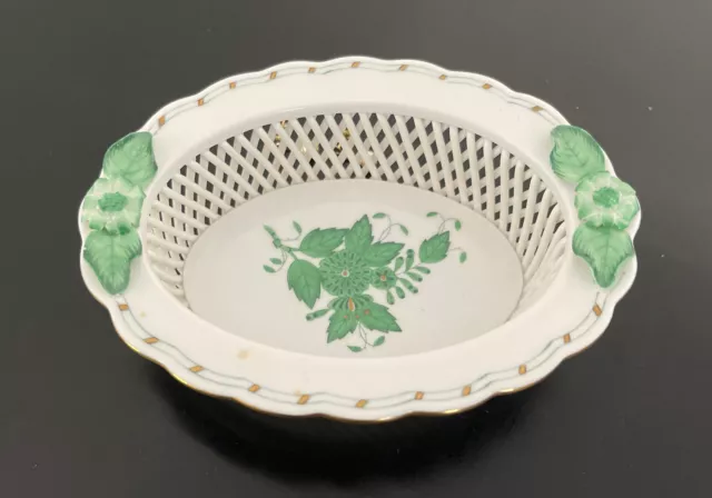 Herend 5-1/2" Oval Open Basket Weave Pierced Dish / Bowl 7379 Chinese Green