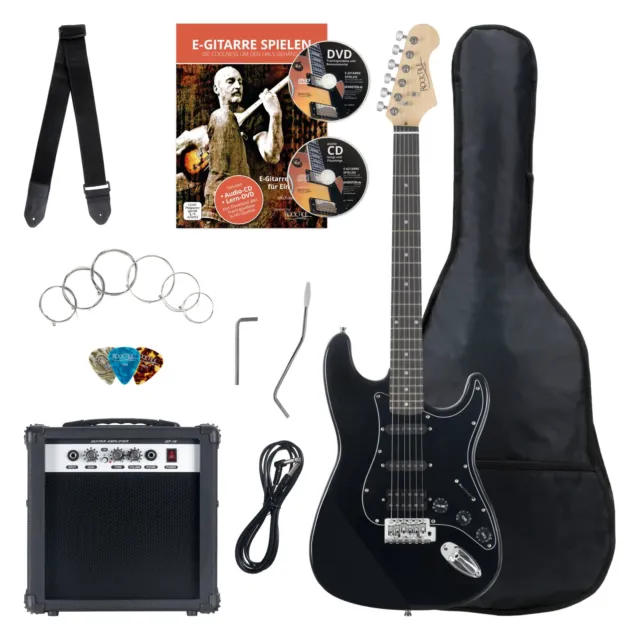 8-Teile Rocktile Bangers Pack E-Gitarren Set mit Verstärker Gigbag Gurt Schwarz