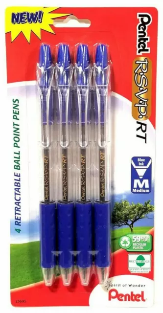 NEW 4-PACK Pentel RSVP RT Retractable Ballpoint Pen BLUE Ink 1.0mm BK93 23695