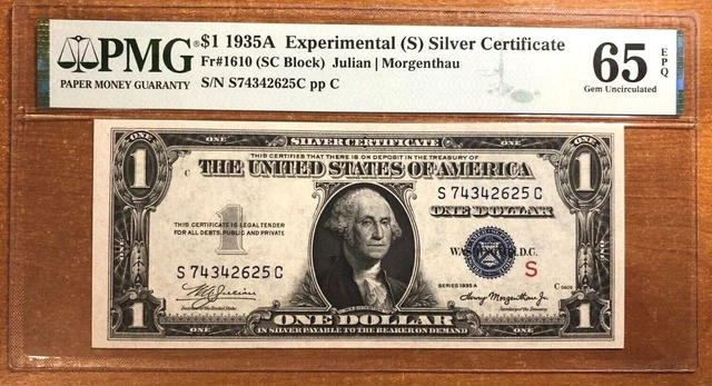 1935-A  $1 Silver Certificate 'S' Experimental S-C Block Fr.1610 Gem PMG 65 EPQ