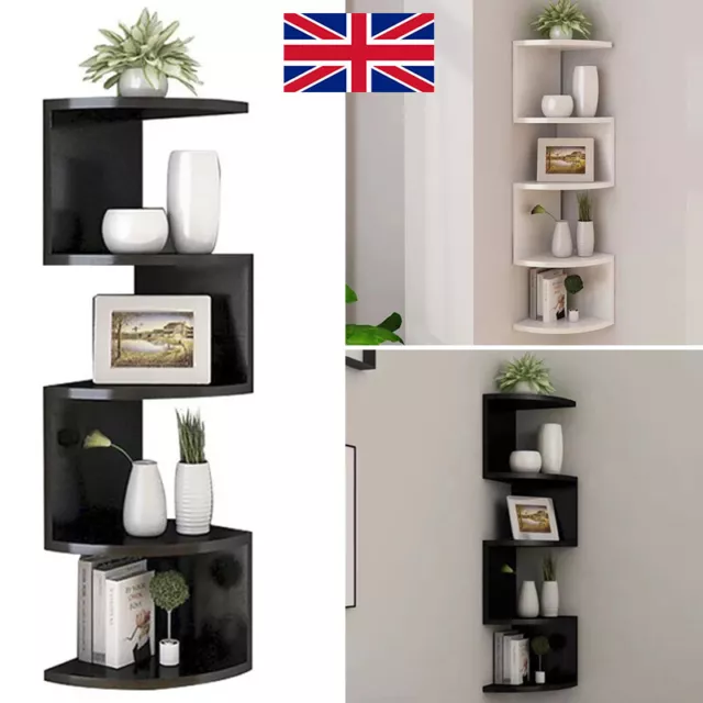 5 Tier Floating Corner Shelves Wooden Storage Display Shelf Unit Wall Mounts UK