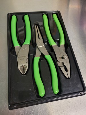 Snap-On Tools USA NEW 3 Piece GREEN Soft Grip LONG NOSE Pliers Set PL308CFG 