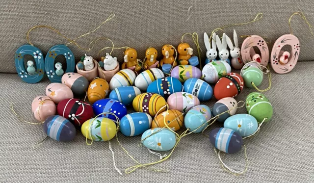 Lot of 40 Vintage Easter Tree Wood Ornament Bunny Rabbit Chick Egg Painted