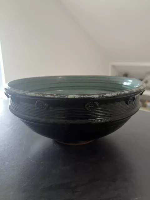 Studio Pottery Fruit Bowl. Black & Green. Signed & Dated 1994