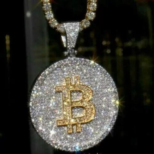 4Ct Round Cut Diamond "BITCOIN" Shape Men's Hip Hop Pendant Gift 14k Gold Finish 3