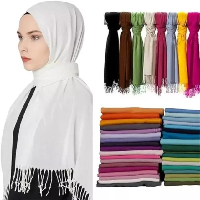 Ladies Long Fringed Plain Viscose Polyester Scarf Solid Colors Hijab Shawl Wrap