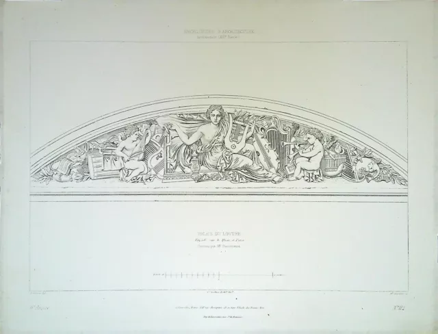 Ancienne Gravure d'Architecture Palais du Louvre Fronton, Façade sur les quais 3