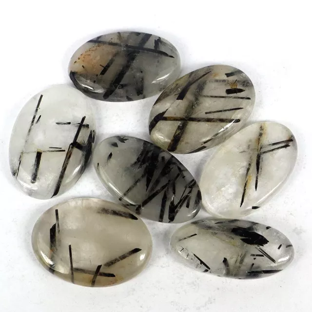 336 CT / 7 PC Naturel non Traité Noir Rutile Quartz Ovale Cab Gemme Lot 36-37 MM