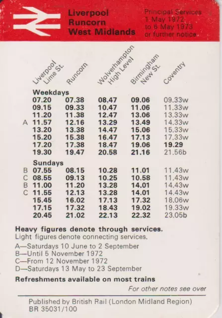 B Rail Pocket Timetable Between West Midlands And Liverpool For May 72 To May 73