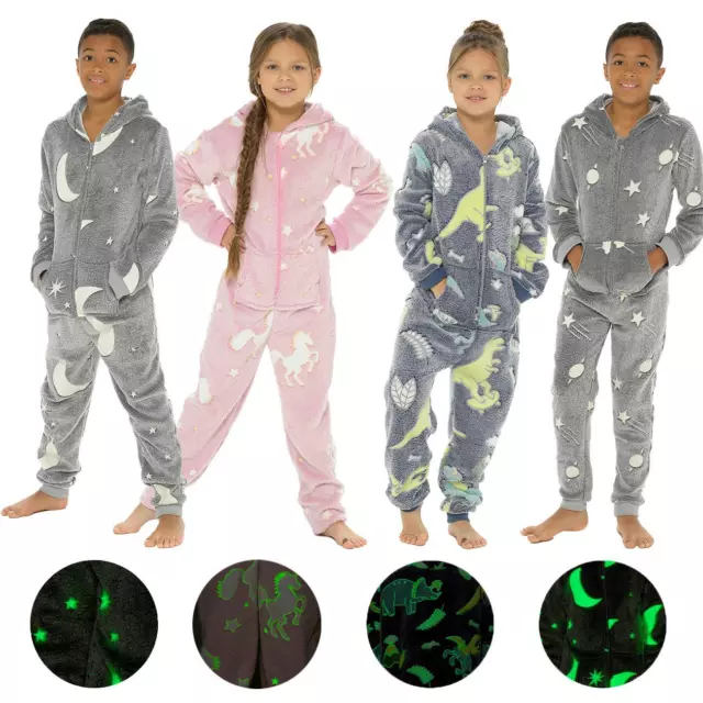 Glow In The Dark 1Onezie Kids Boys Girls Hooded All In One Zip Sleepsuit