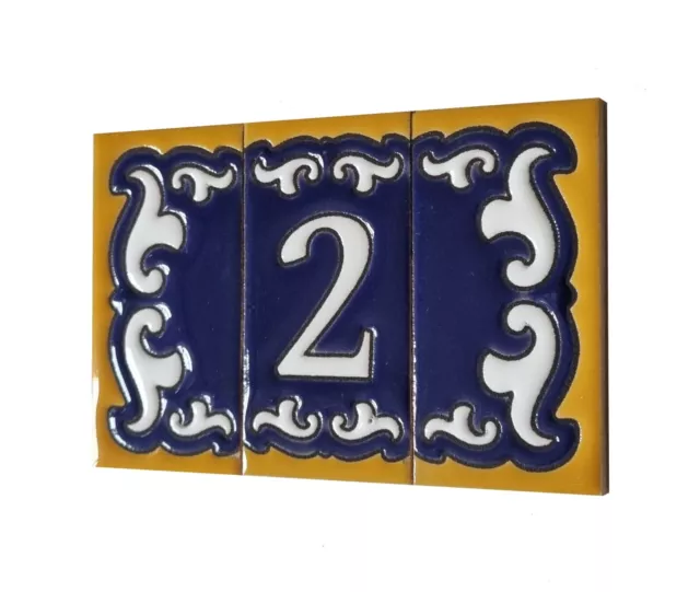 7.5 x 3.7cm Hand-painted M-01 Ceramic Blue & Orange Number Tiles & Metal Frames