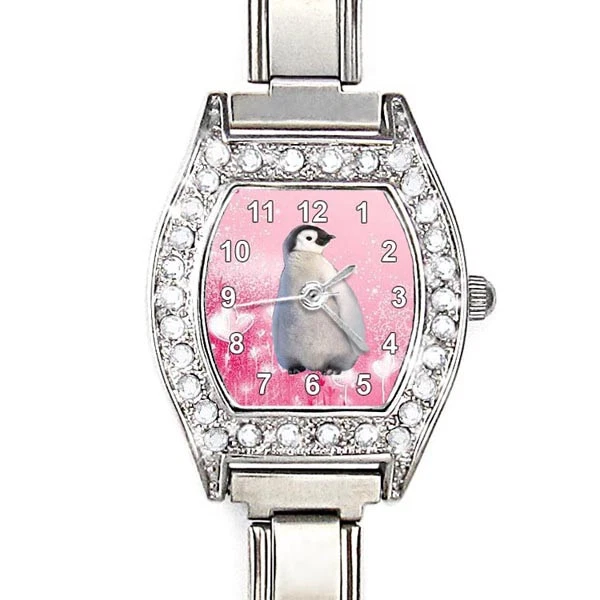 Emperor Penguin Baby CZ Lady Stainless Steel Italian Charm Bracelet Watch BJ1164