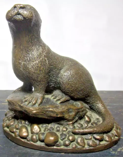 Bronze Otter Nose Up, Signed Sitting on a Rock on Pebbles Lovely Detail Repaired