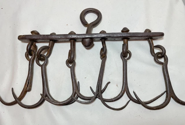 antique 18th century wrought iron hanging ceiling meat gavel 12 prong barb hook