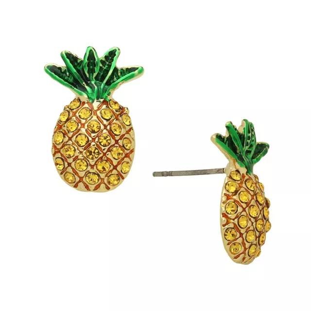 Pineapple Earrings Crystal Stud Post Rhinestone Tropical Beach Jewelry GOLD