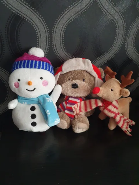 3 x Christmas Themed Soft Toys Reindeer Snowman & Bear