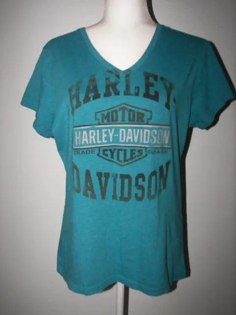 Harley Davidson Womens V-Neck Biker T Shirt Teal Blue Green Black Size X Large