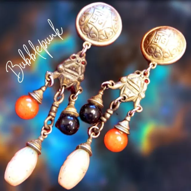 Vintage BEN-AMUN Glass Bead Chandelier Dangle Statement Earrings Global Chic