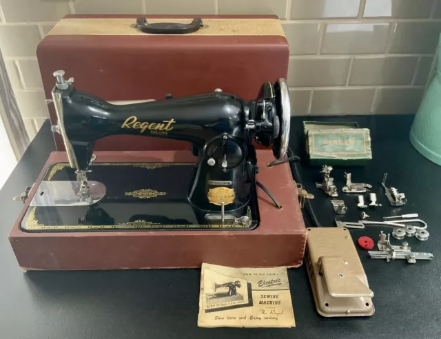 VTG Regent Sewing Machine In Case. Beautiful Design Details - Working!