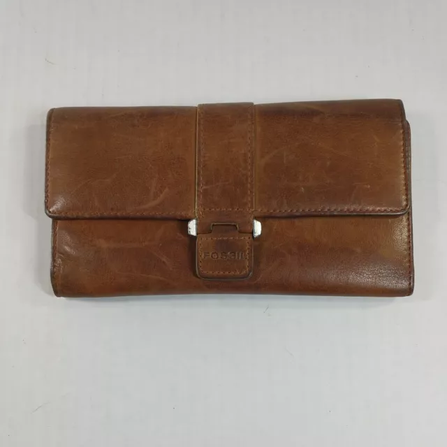 Fossil Sydney Tab Women's Clutch Brown Leather Wallet Brown Interior Snap & Zip