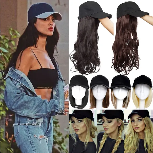 One Piece Baseball Hat Cap with Thick Hair Extensions Long Curly Wavy Hairpiece