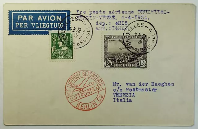 1934 Primer vuelo Bélgica Bruselas a Venecia Italia cubierta de correo aéreo vía Berlín