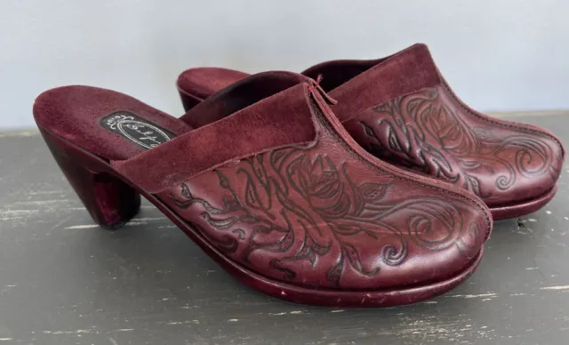 Salpy Women's Burgundy Tooled Leather Mule Clog Slip On Shoes Size 6