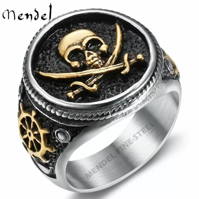 MENDEL Gothic Mens Stainless Steel Gold Plated Biker Pirate Skull Ring Size 6-15